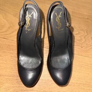 YSL Yves Saint Laurent Tribtoo 105 Black Slingback Leather Pumps. Sz 38